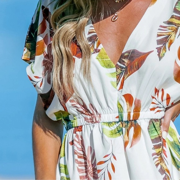 Women's Tropical Plunging Dolman Sleeve Cover-Up Mini Dress L - Picture 4 of 6